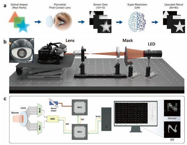 AI 스마트 콘택트렌즈 시스템 개략도. a. AI 기반 초해상도 센싱 시스템 데이터 흐름도. b-c. 스마트 콘택트렌즈 검증을 위한 테스트베드 구성 개략도. 정임두 UNIST 교수 제공