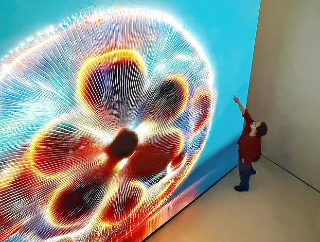 지난해 8월 서울 BB&M갤러리 개인전에 선보인 '샴페인 슈퍼노바'. 홍채를 이용한 작품인데, 큰 스크린 위에서 빛이 여러 형태를 띠며 돌아간다. 당시 테이트 모던 프란시스 모리스 관장도 찾았다. 이 작품을 본 아버지는 몸을 못 가눌만큼 큰 충격을 받으셨다. [사진 이진준]