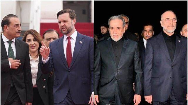 지난 4월 11일(현지시간) 파키스탄 수도 이슬라마바드서 전쟁 종식을 위한 회담에 나선 미국 대표단(왼쪽)과 이란 대표단.  AP·EPA연합뉴스