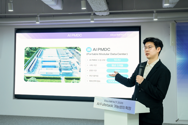 엘리스그룹 김재원 대표가 15일 서울 강남구 엘리스그룹 본사에서 열린 기자 간담회에서 국산 기술로 완성한 K-PMDC를 비롯한 차세대 AI 인프라 개발 성과를 공유했다. <사진=엘리스그룹>