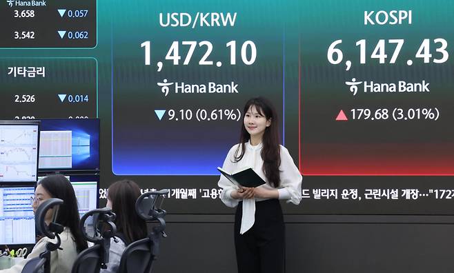 (서울=뉴스1) 조연우 인턴기자 = 15일 서울 중구 하나은행 딜링룸 전광판에 시황이 나오고 있다.  이날 코스피 지수는 전 거래일 대비 178포인트(2.98%) 오른 6,145.75에 출발했다. 코스닥 지수는 16.54p(1.47%) 오른 1,138.42, 원·달러 환율은 전 거래일보다 7.70원 내린 1,473.5원에 거래를 시작했다. 2026.4.15/뉴스1  Copyright (C) 뉴스1. All rights reserved. 무단 전재 및 재배포,  AI학습 이용 금지. /사진=(서울=뉴스1) 조연우 인턴기자