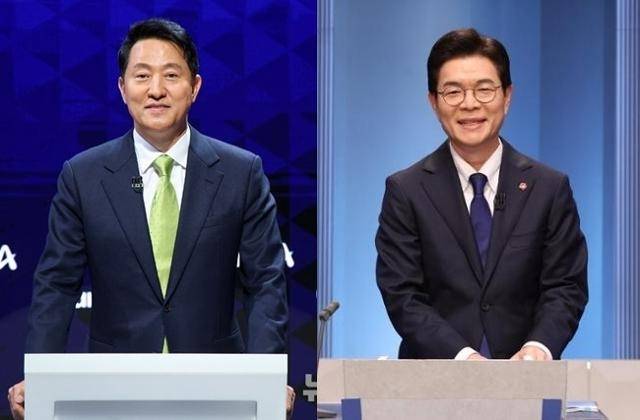오세훈(왼쪽 사진) 서울시장이 10일 서울 종로구 채널 A 스튜디오에서 열린 국민의힘 서울시장 경선 후보 2차 토론회에 참석해 사전 준비를 하고 있다. 오른쪽은 정원오 전 서울 성동구청장이 3일 서울 여의도 KBS 스튜디오에서 열린 더불어민주당 서울시장 경선 후보 2차 토론회에 참석한 모습. 뉴시스