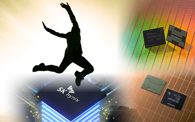 삼성전자 8세대 V낸드(오른쪽 아래)와 SK하이닉스의 321단 4D 낸드 샘플. [삼성전자, SK하이닉스 제공]