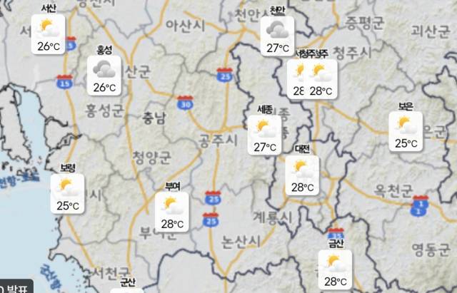 ▲충청권 16일 오후 예상 날씨도 ⓒ기상청