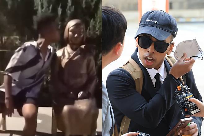 미국인 유튜버 조니 소말리가 평화의 소녀상에 입맞춤하는 모습. 오른쪽은 소말리가 15일 서울 서부지법에서 열리는 1심 선고에 출석하며 취재진 질문에 답하기 위해 마스크를 벗고 있다. 사회관계망서비스(SNS) 캡처·연합뉴스