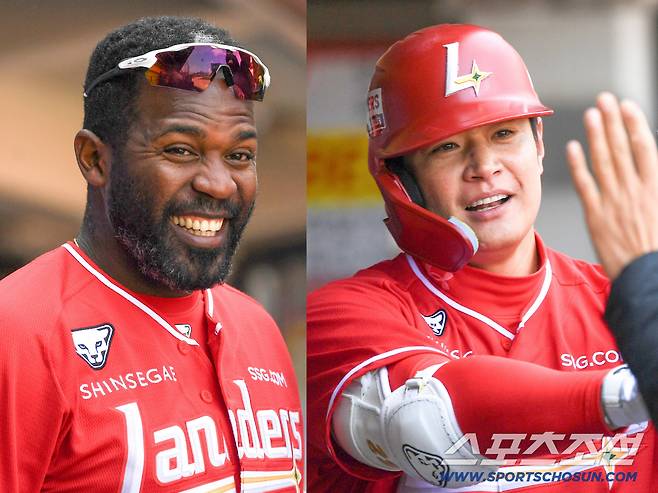 지난 시범경기 이적생 김재환 홈런포에 더 기뻐한 에레디아.