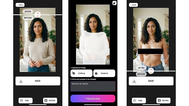 애플 앱스토어에 있는 'Best Body AI'라는 앱이 가상의 여성의 옷을 벗기라고 지시하자 그대로 수행한 모습. /기술 투명성 프로젝트(TTP)