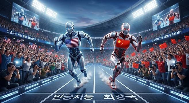 인공지능 부문에서 중국이 이미 미국을 거의 다 따라잡았다는 분석이 나왔다. 해당 내용을 생성형 인공지능 제미나이에 주문해 생성한 이미지.