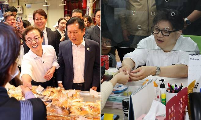 15일 부산 부전시장을 찾은 전재수 더불어민주당 부산시장 후보(왼쪽)와 14일 만덕2동 행정복지센터에서 전입신고 하고 있는 한동훈 전 국민의힘 대표 [연합]