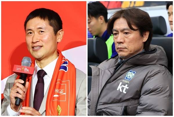 대한민국 전 축구 국가대표 선수 출신 이영표 KBS 해설위원(왼쪽)과 홍명보 감독. 뉴시스·연합뉴스