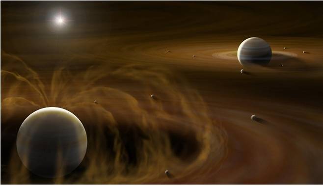 초기 생성 과정에서 거대 위성이 탄생하는 목성(왼쪽 아래)과 토성(오른쪽 위)의 개념도. Yuri I. Fujii/L-INSIGHT Kyoto University, Shinichiro Kinoshita