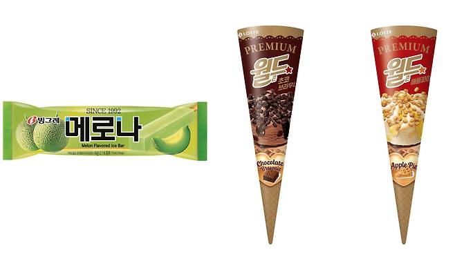 빙그레 메로나(왼쪽)와 롯데웰푸드 월드콘.(사진제공=각사)