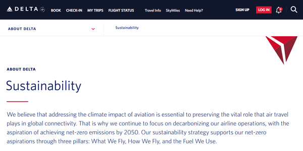델타항공 지속가능성 웹페이지. 사진=델타항공