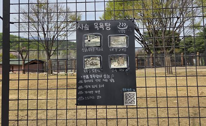 지난 14일 기자가 방문한 서울대공원의 사슴 사육장 앞 모습이다. '진흙 목욕탕'은 행동풍부화 프로그램의 일환이다. (사진=염정인 기자)