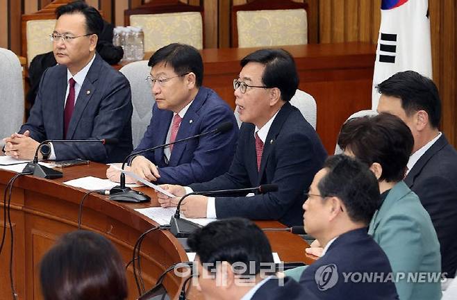 국민의힘 송언석 원내대표가 17일 국회에서 열린 원내대책회의에서 발언하고 있다. 사진=연합뉴스
