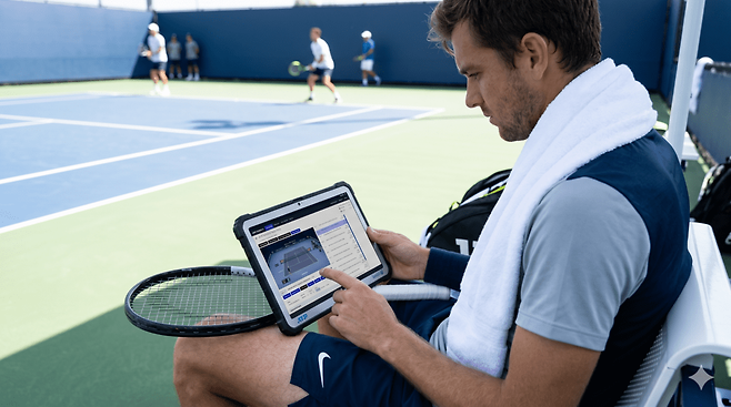 선수가 데이터를 분석하는 것을 상상하여 만든 이미지. Gemini