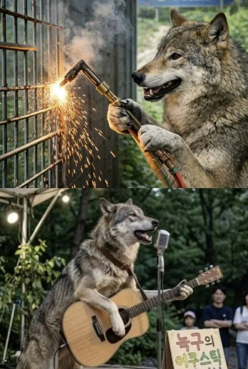 '늑구'가 대전 오월드를 탈출하기 위해 용접기로 철조망을 절단하고, 거리공연 등 자유를 만끽하는 인공지능(AI) 생성 사진. 온라인 커뮤니티 갈무리