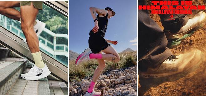 왼쪽부터 노스페이스 ‘벡티브 포워드’, 코오롱스포츠  ‘헤드 투 토’ 트레일러닝 컬렉션, 블랙야크 ‘트레일 X GTX’ 착용컷. 각 사 제공