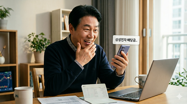 삼성전자가 주당 566원의 배당금을 지급하기로 하면서 주주들이 배당금 지급에 기대감을 드러내는 모습을 AI를 이용해 이미지로 생성. /사진=제미나이