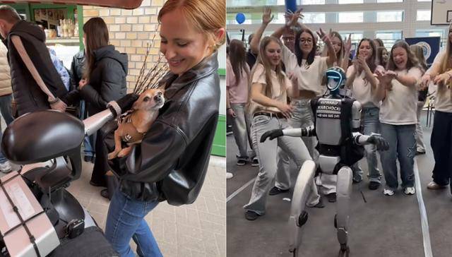 휴머노이드 로봇 '에드워드 바르호츠키'가 한 시민의 반려견 머리를 쓰다듬고 있다(왼쪽 사진). 오른쪽은 에드워드가 학생들과 춤추고 있는 장면이다. 에드워드 바르호츠키 페이스북 계정 캡처