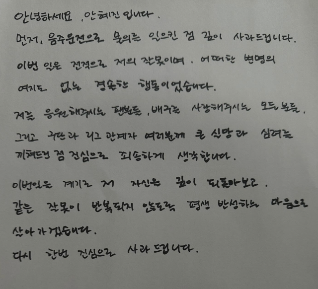 사과문을 올린 안혜진/안혜진 SNS