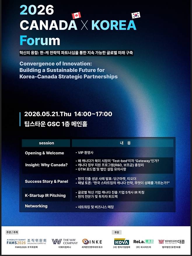 북미 캐나다 글로벌 액셀러레이터 더웨이컴퍼니(The Way Company)가 주최하는 ‘2026 CANADA X KOREA Forum’ 포스터 이미지.