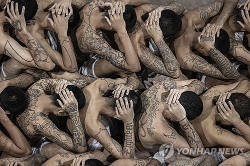 엘살바도르 대형 수용시설에서 대기 중인 수감자들 [엘살바도르 대통령실 제공. AFP=연합뉴스]