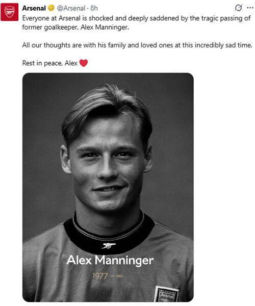 마닝거의 사망 소식에 애도를 표한 아스널