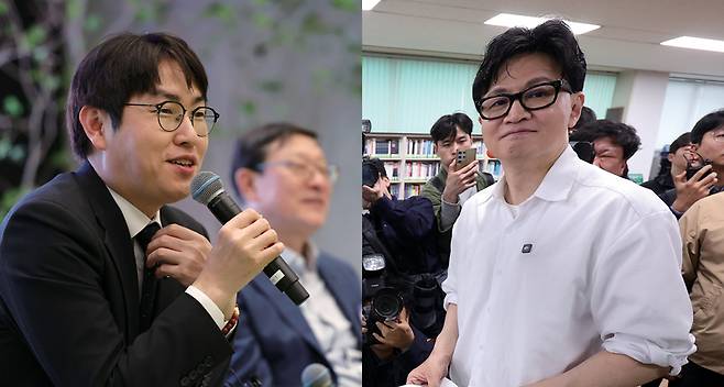 하정우 청와대 AI미래기획수석이 4월10일 서울 강남구 역삼동 GS타워에서 열린 AI혁신위원회 3차 회의에 참석해 발언하고 있다(왼쪽 사진). 한동훈 전 국민의힘 대표가 4월14일 부산 북구 만덕2동 행정복지센터를 찾아 전입신고를 하고 있다(오른쪽 사진). ⓒ연합뉴스