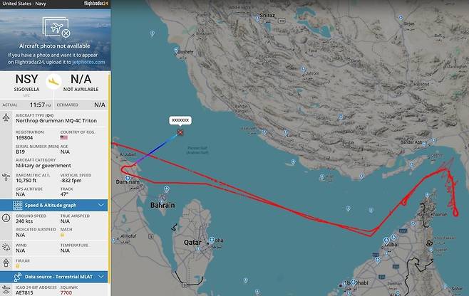 페르시아만에 추락한 MQ-4C 트라인트의 항적 기록. (사진=@Osinttechnical 엑스)