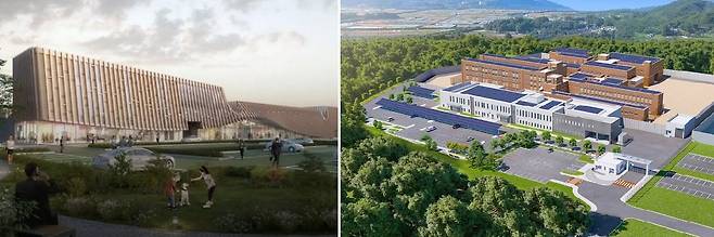 경기도 화성에 신규 건립 예정인 여자 교도소 조감도. 공모에 출품된 후보군(왼쪽 사진)이 온라인 커뮤니티에 게시되자 "범죄자에게 걸맞지 않는 호화스런 공간"이라는 비판이 쏟아졌고, 이에 법무부는 최종 확정안(오른쪽)을 공개했다.