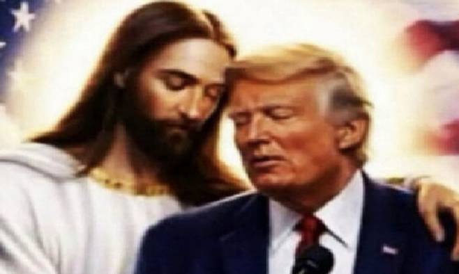 예수가 도널드 트럼프 미국 대통령의 어깨를&nbsp;감싸고, 감격한 얼굴의 트럼프는 그런 예수&nbsp;품에 얌전하게 안긴 모습의 합성 이미지. 트럼프 SNS 캡처