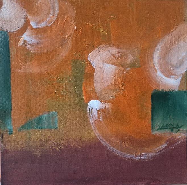 오정숙 작, 추려보는 생각의 조각들, 26×26cm, Acrylic on canvas, 작품 의도: 한순간도 똑같을 수 없는 시간의 조각들을 퍼즐게임 처럼 도형으로 표현함.