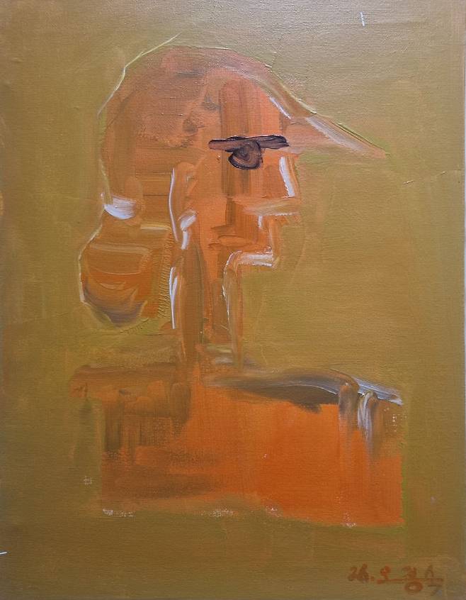 오정숙 작, 현대적 AI화 되어가는 인간상,40×32cm, Acrylic on canvas, 작품 의도: 도식화 되어가는 AI와의 융합을 로봇인형처럼 표현함.