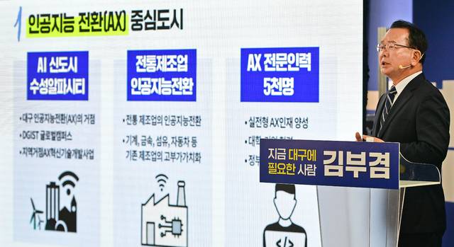 김부겸 더불어민주당 대구시장 예비후보가 대구시 5대 핵심 공약을 발표하고 있다. 김진홍 기자.