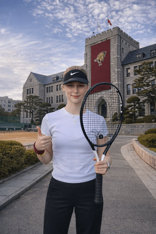 안나 보이노바가 고려대 건물을 배경으로 선 모습을 AI로 생성한 이미지.