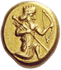 페르시아 금화 ‘다릭’. 순금 8.4g, 지름 13mm로 제작됐으며 전면에 왕의 모습이 담겨 있다. 사진 출처 대영박물관·위키피디아