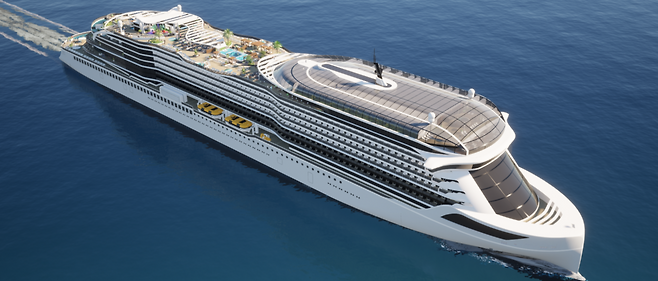 바다를 항해하는 독일 조선 기업 마이어 베르프트의 전기 추진 크루즈선 상상도. 전체 길이가 275ｍ에 이른다. 마이어 베르프트 제공