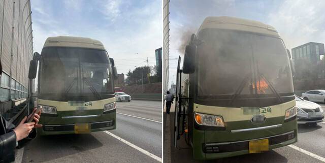 지난 12일 기흥인터체인지 부근에서 주행 중인 고속버스에 불이 발생했다. 차량 내 비치된 소화기기 압력이 낮아 1차 진화에 실패하면서 화재가 커졌다. 독자 제공