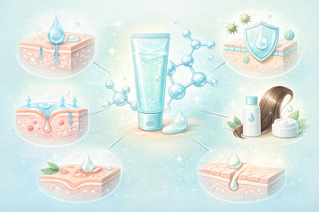 판테놀 성분의 효과를 키워드로 생성AI가 만든 이미지. 강력한 보습, 진정 & 항염 효과, 상처 회복 촉진 등을 그림으로 그렸다. [챗GPT]