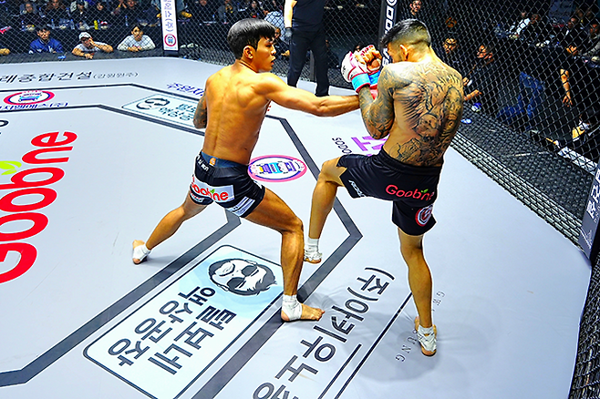 제4대 로드FC 라이트급 챔피언 박시원이 2026년 3월 서울특별시 중구 장충체육관에서 브라질 BSB Fight 및 Soldado Combat 챔피언 완데르송 페헤이라 다프랑카를 공격하고 있다. 사진=세계격투스포츠협회