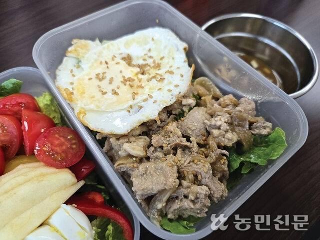 2일차 : 흑미밥 위에 불고기와 로메인 상추를 올리고 고추장·참기름·달걀프라이를 더한 비빔밥과 샐러드.