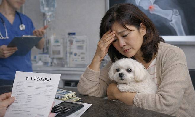 반려동물 평균 치료비가 급증했다.&nbsp;반려동물을 키우는 사람들 사이에서 펫보험에 대한 관심이 커지고 있다. 위 사진은 기사 이해를 돕기 위해 AI(인공지능)를 활용해 생성한 가상의 이미지입니다. Chat GPT 생성.