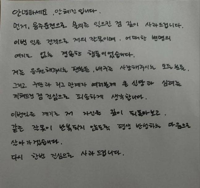 안혜진의 자필 사과문. 안혜진 SNS