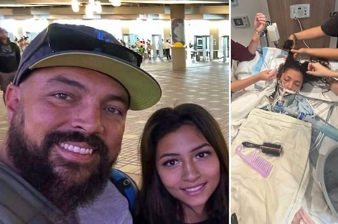 왼쪽부터 마케일라 세틀스와 친부 스티븐 차베스의 모습, 오른쪽은 병원에 입원한 세틀스의 생전 모습. 유족은 세틀스가 지난해 7월 친부에게 성폭행 피해를 입은 뒤 극심한 정신적 고통에 시달렸으며, 이후 병원 치료 끝에 뇌사 판정을 받았다고 주장했다. 캐롤라이나 산도발 제공