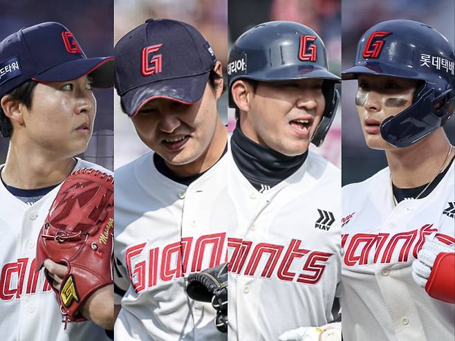 롯데는 19일 사직 한화전을 앞두고 최근 부진한 쿄야마 마사야, 정철원, 김민성, 윤동희(왼쪽부터)를 1군서 제외했다. 사진제공｜롯데 자이언츠