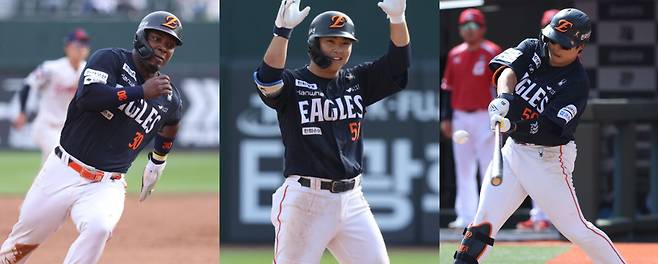 (왼쪽부터) 페라자·문현빈·강백호. 사진=한화이글스 제공.