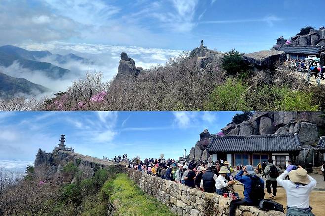 지난 18일 정오경, 대견사 전경(아래. 대견사 담장에 걸터앉아 컵라면을 먹고 있는 탐방객들 모습).