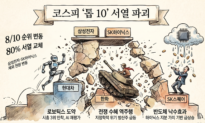 17일 본지 분석에 따르면 올해 들어 시가총액 상위 10개 기업 중 8개 종목의 순위가 변동한 것으로 나타났다.(출처=구글 노트북LM)