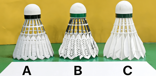 B는 모닝컵 사용 셔틀콕(합성과 천연 복합 소재), A는 합성 셔틀콕, C는 천연 거위털 셔틀콕. 타이사운드 홈페이지
